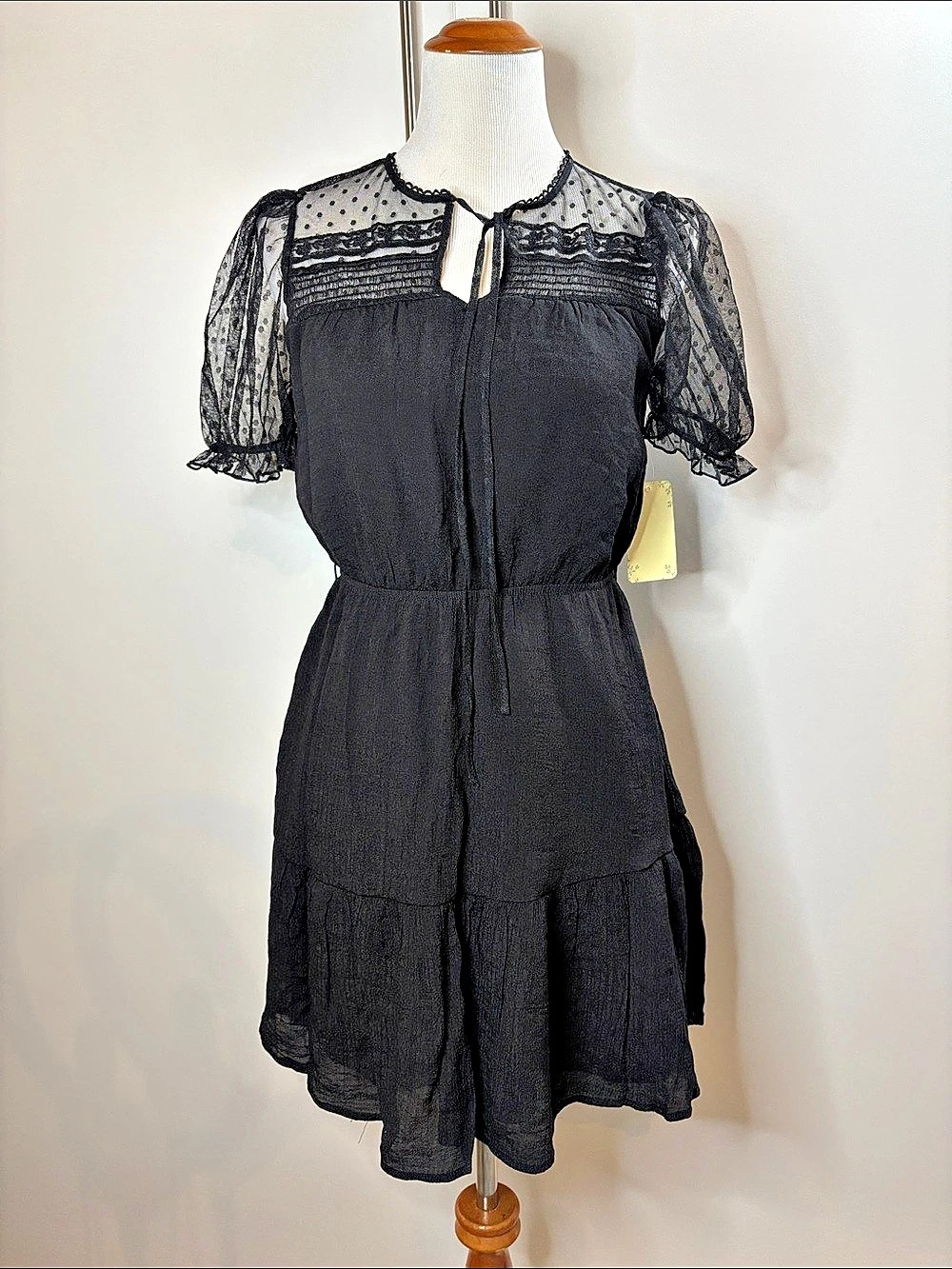 Sweet Wanderer Black Swiss Dot Mesh Puff Sleeve Mini Dress Medium